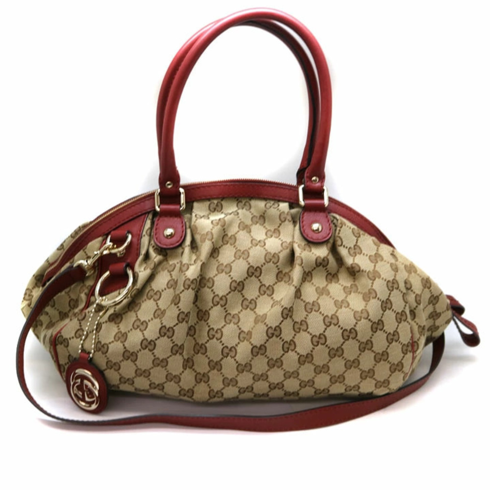 GUCCI Sukey Diamante Bag Tote Canvas Leather Beige Wine Red